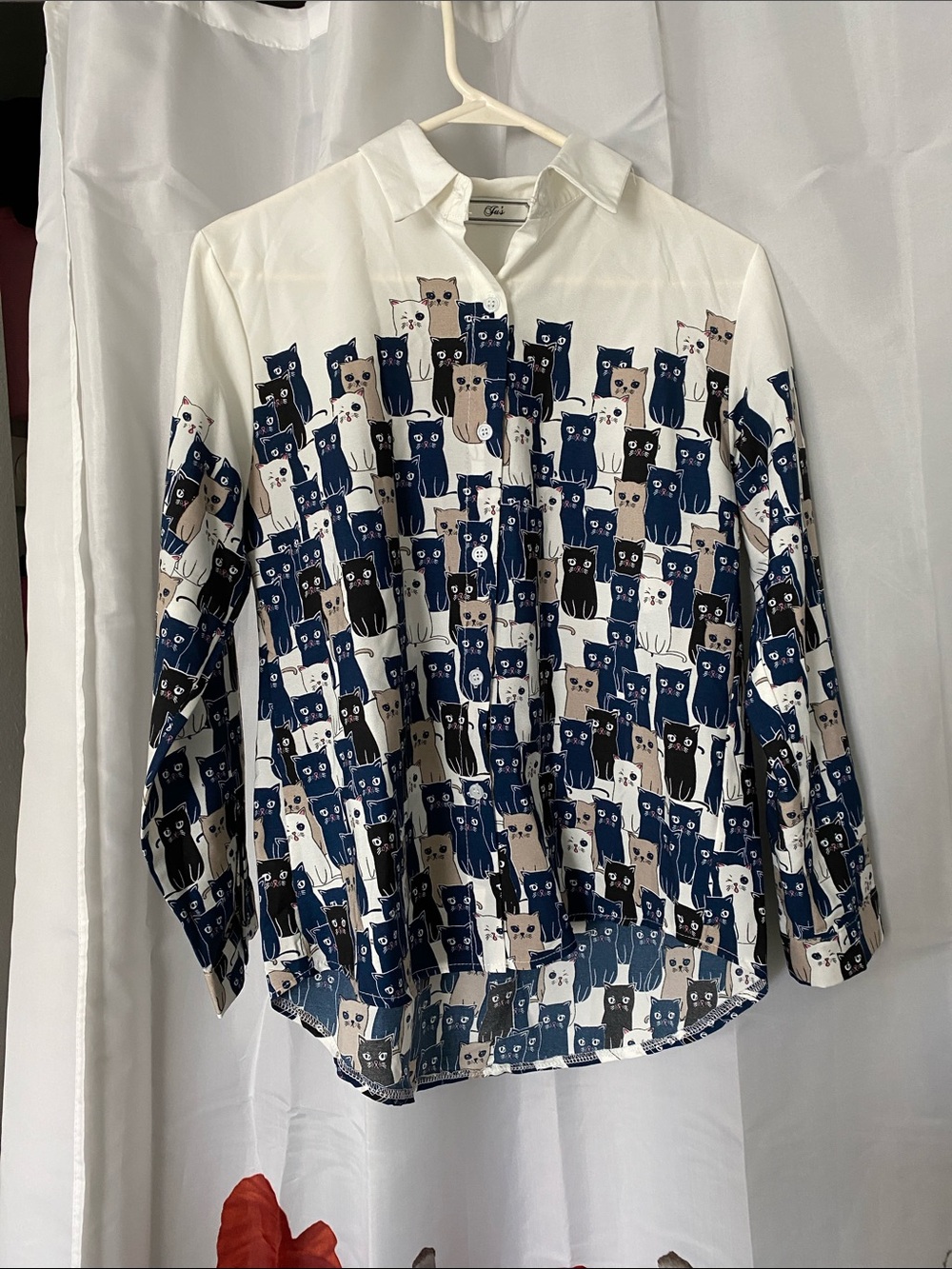 White Button-Down Shirt with Navy & Black Cat Print